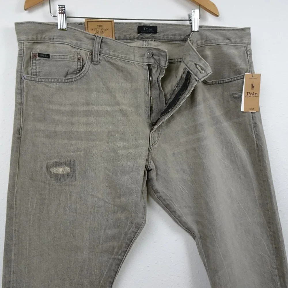Polo Ralph Lauren Jeans Men's 40x30 Sullivan Slim Distressed Repaired Gray Denim